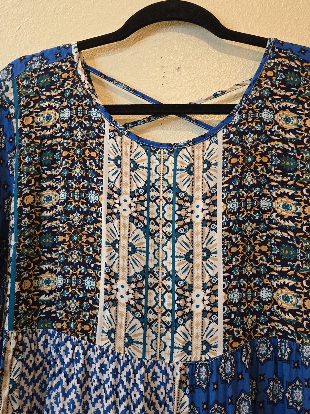 Umgee Mixed Print Blue Peasant Bohemian Tunic Dress with Crisscross Back Size S - Picture 7 of 14